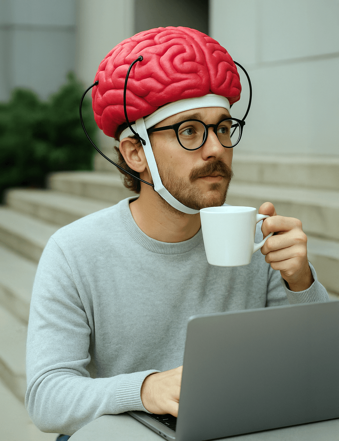 Person with brain helmet drinking coffee